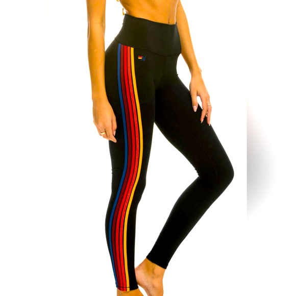 AVIATOR NATION HIGH WAIST FULL LENGTH 5 STRIPES LEGGINGS - BLACK - Picture 7 of 7